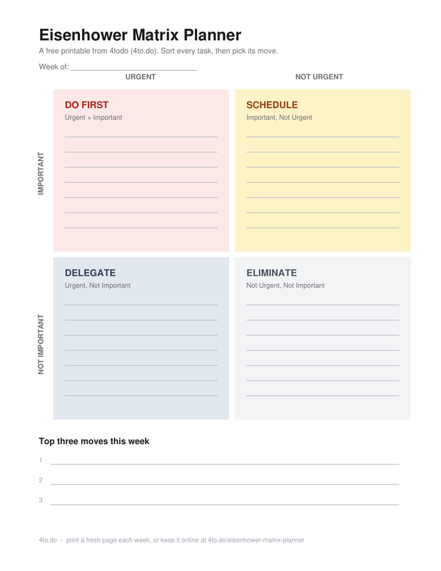 Preview of the printable Eisenhower Matrix planner: a two by two grid labeled Do First, Schedule, Delegate, and Eliminate, with a Week of field and ruled lines for writing tasks
