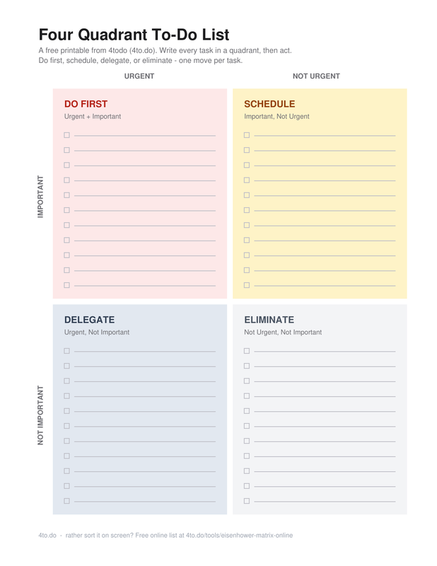Preview of the printable four quadrant to-do list: a two by two grid labeled Do First, Schedule, Delegate, and Eliminate, each with checkboxes and ruled lines for writing tasks